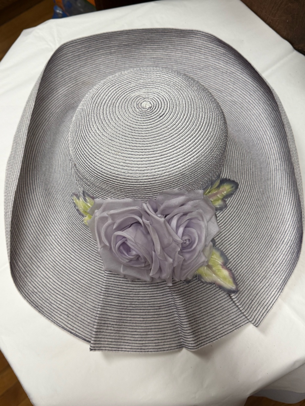 Vintage Eric Javits Wide-Brim Straw Sun Hat Lavender Rose Accent 18” - Picture 7 of 11
